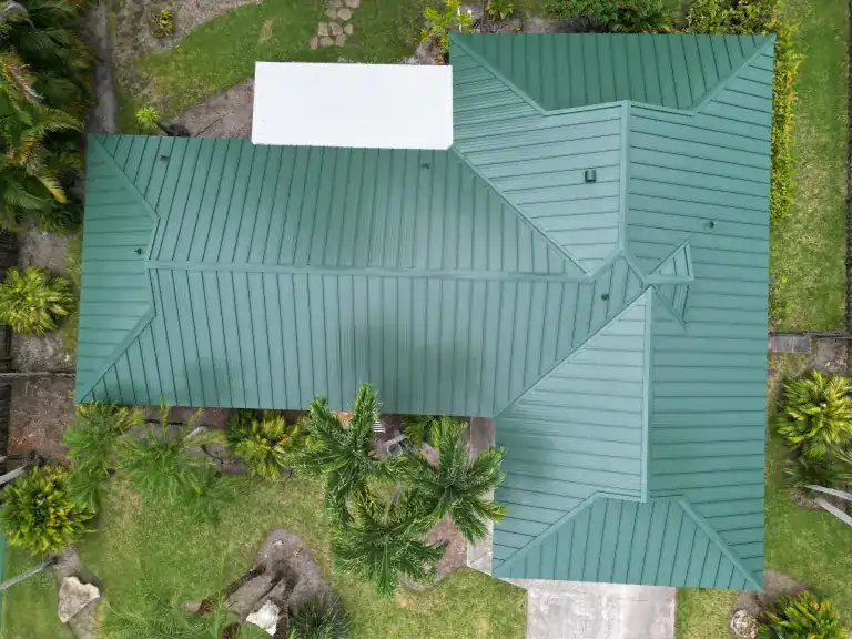 Overhead view of a green metal roof on a house surrounded by palms in Boynton Beach, photographed July 2024