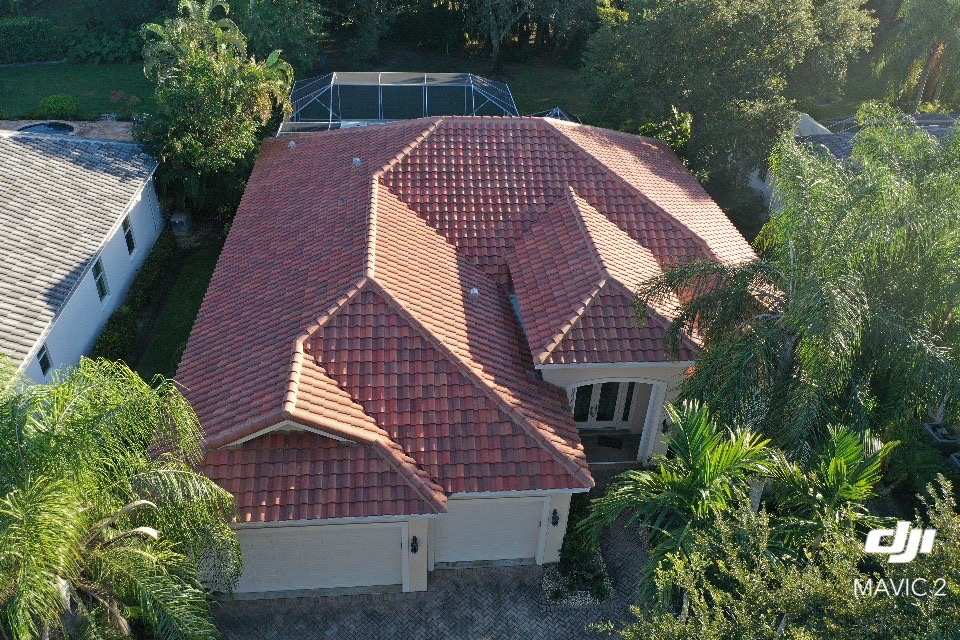 Terracotta tile roof home aerial