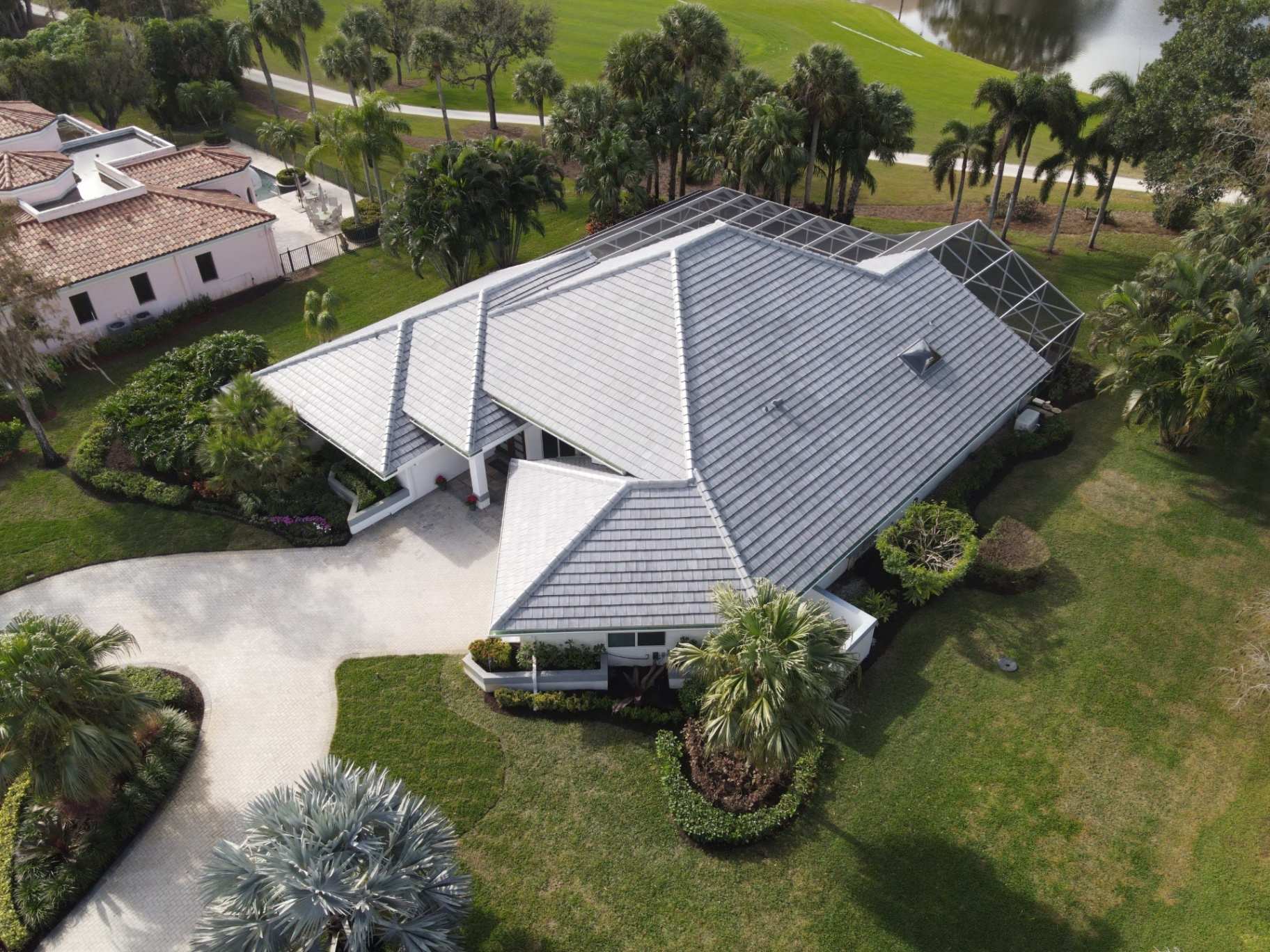 Gray tile roof home aerial view