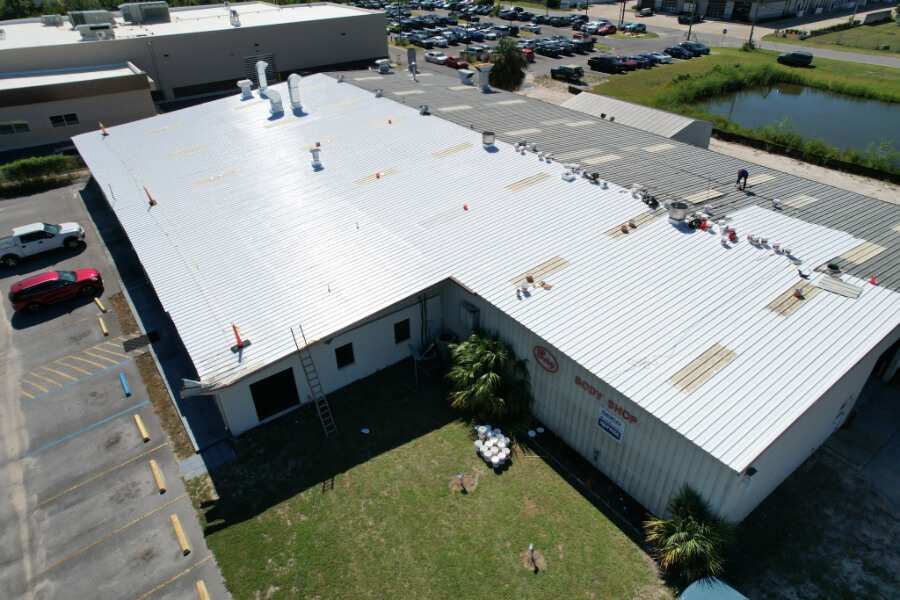 Commercial metal roof coating aerial view