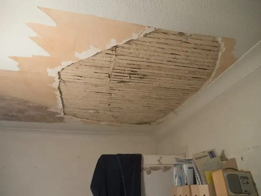 A water-damaged ceiling inside a home